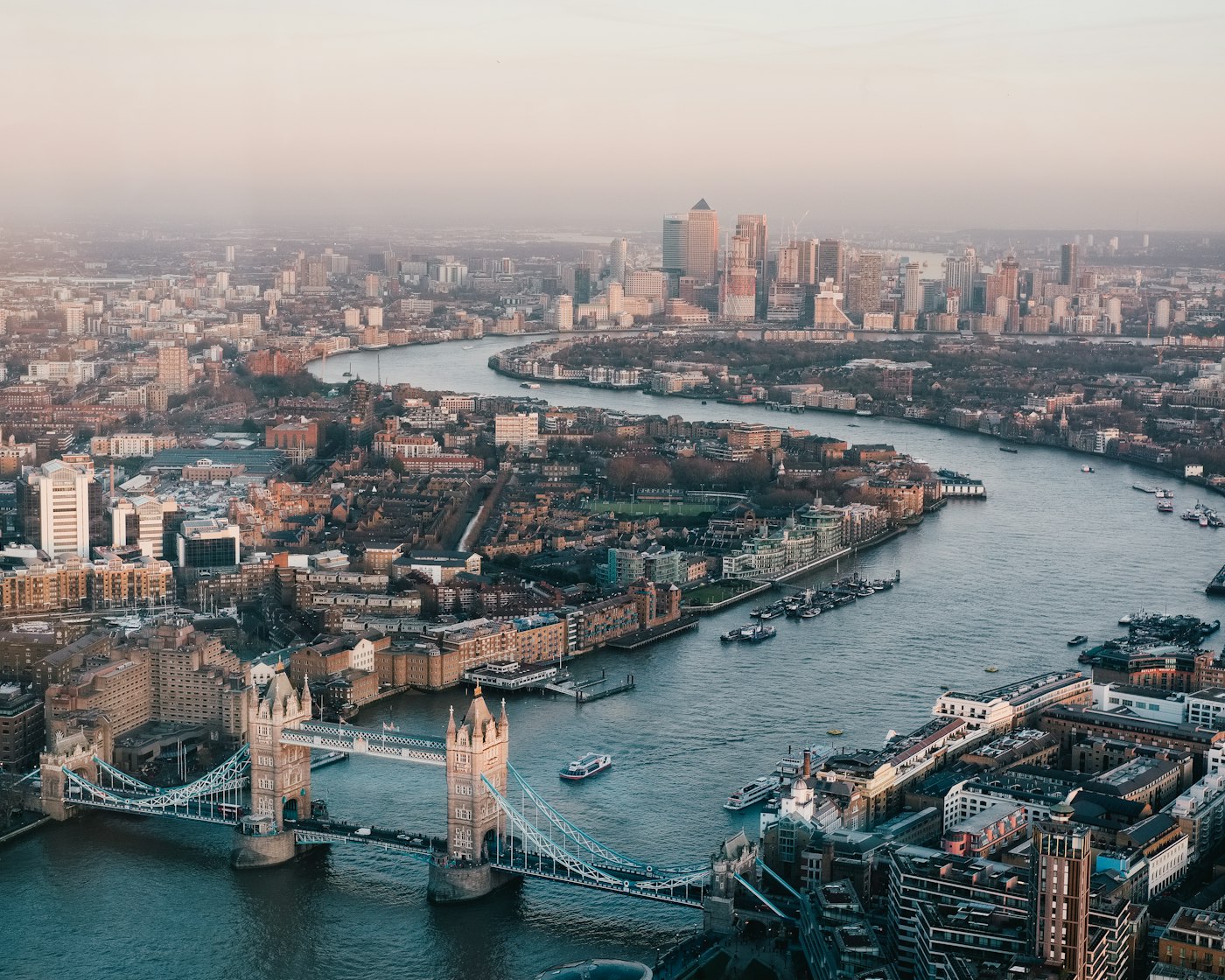 Aerial view of London and the River Thames with Tower Bridge